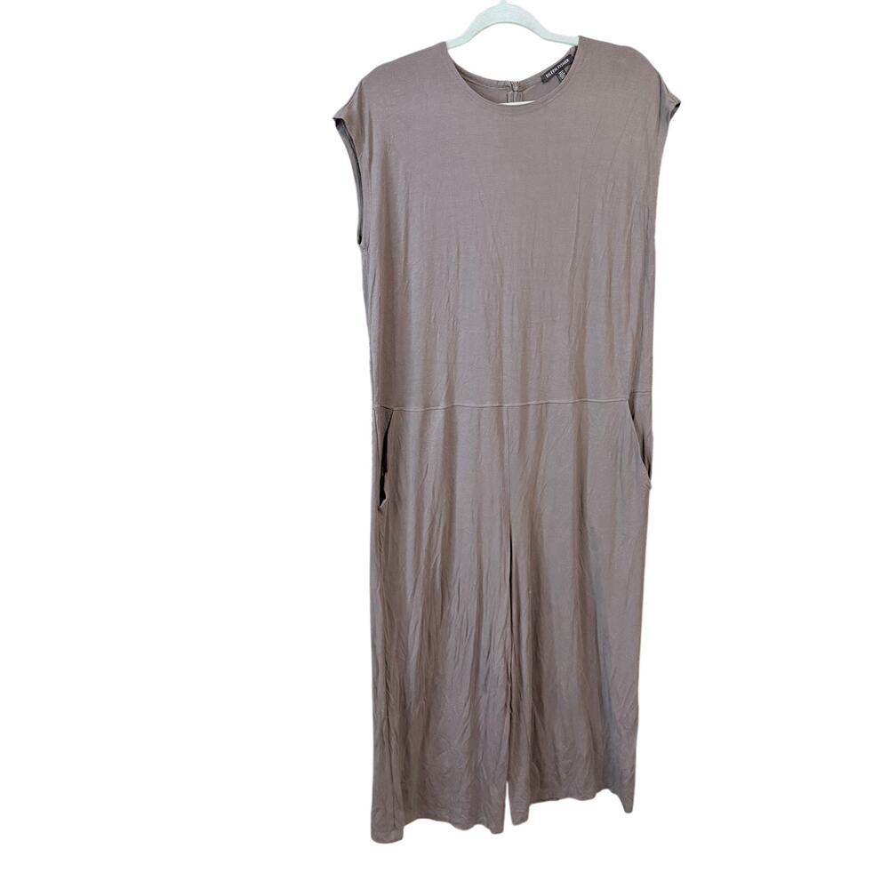 Eileen Fisher brown wide leg jumpsuit pockets medium viscose blend quiet luxury